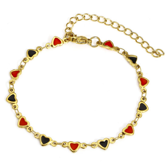 Picture of 1 Piece Eco-friendly Vacuum Plating 304 Stainless Steel Valentine's Day Handmade Link Chain Bracelets 18K Gold Color Black & Red Heart Double-sided Enamel 16.5cm(6 4/8") long