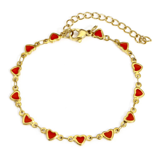 Picture of 1 Piece Eco-friendly Vacuum Plating 304 Stainless Steel Valentine's Day Handmade Link Chain Bracelets 18K Gold Color Red Heart Double-sided Enamel 16.5cm(6 4/8") long