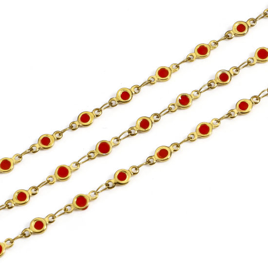 Picture of 1 M Eco-friendly PVD Vacuum Plating 304 Stainless Steel Double-sided Enamel Handmade Link Chain For Handmade DIY Jewelry Making Findings Round 18K Gold Plated Red 4mm
