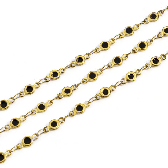 Picture of 1 M Eco-friendly PVD Vacuum Plating 304 Stainless Steel Double-sided Enamel Handmade Link Chain For Handmade DIY Jewelry Making Findings Round 18K Gold Plated Black 4mm