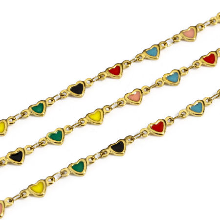 Bild von 1 Meter Umweltfreundliche PVD-Vakuumbeschichtung 304 Edelstahl Valentinstag Doppelseitige Emaille Handgefertigte Gliederkette Für handgefertigte Schmuckherstellung Herz 18K Vergoldet Bunt 5mm