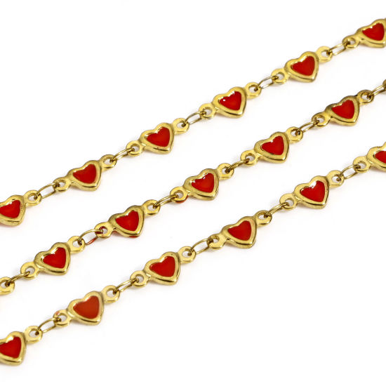 Immagine di 1 M Placcatura Sottovuoto PVD Ecologica 304 Acciaio Inossidabile San Valentino Catena a Maglia Fatta a Mano Per Risultati di Creazione di Gioielli Fai-da-te Fatti a Mano Cuore Placcato Oro 18K Rosso Smalto a Doppia Faccia 5mm