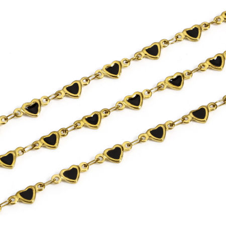 Bild von 1 Meter Umweltfreundliche PVD-Vakuumbeschichtung 304 Edelstahl Valentinstag Doppelseitige Emaille Handgefertigte Gliederkette Für handgefertigte Schmuckherstellung Herz 18K Vergoldet Schwarz 5mm