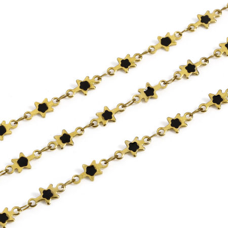 Picture of 1 M (Approx 3.28 Foot) Eco-friendly PVD Vacuum Plating 304 Stainless Steel Galaxy Double-sided Enamel Handmade Link Chain For Handmade DIY Jewelry Making Findings Star 18K Gold Plated Black 5mm