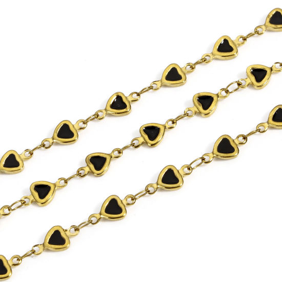 Picture of 1 M Eco-friendly Vacuum Plating 304 Stainless Steel Valentine's Day Handmade Link Chain For Handmade DIY Jewelry Making Findings Heart 18K Gold Color Black Double-sided Enamel 5mm