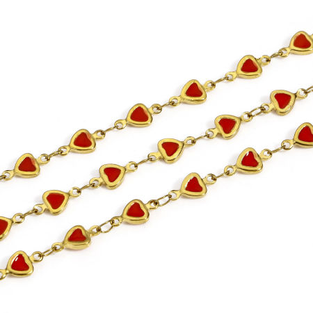 Bild von 1 Meter Umweltfreundliche PVD-Vakuumbeschichtung 304 Edelstahl Valentinstag Doppelseitige Emaille Handgefertigte Gliederkette Für handgefertigte Schmuckherstellung Herz 18K Vergoldet Rot 5mm