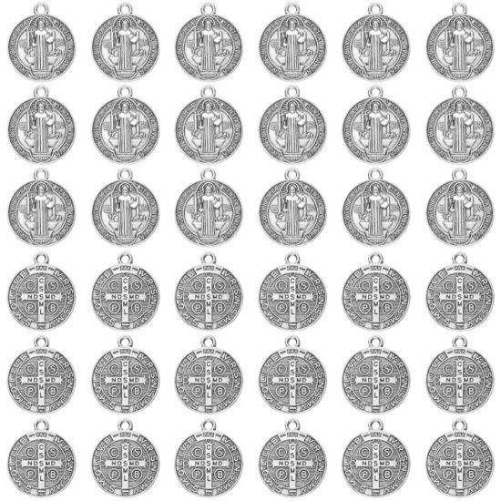 Picture of 20 PCs Zinc Based Alloy Religious Disc Charms Antique Silver Color Round St. Benedict Medal Double Sided 23mm x 20mm