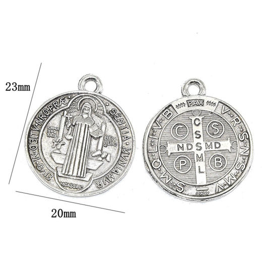 Picture of 20 PCs Zinc Based Alloy Religious Disc Charms Antique Silver Color Round St. Benedict Medal Double Sided 23mm x 20mm