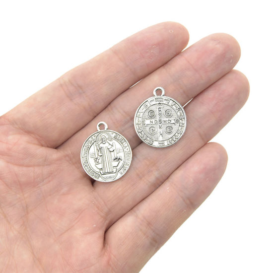Picture of 20 PCs Zinc Based Alloy Religious Disc Charms Antique Silver Color Round St. Benedict Medal Double Sided 23mm x 20mm