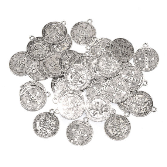 Picture of 20 PCs Zinc Based Alloy Religious Disc Charms Antique Silver Color Round St. Benedict Medal Double Sided 23mm x 20mm