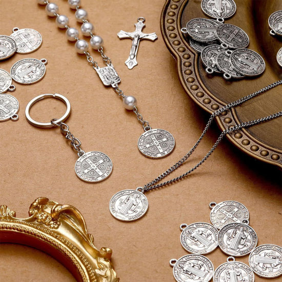 Picture of 20 PCs Zinc Based Alloy Religious Disc Charms Antique Silver Color Round St. Benedict Medal Double Sided 23mm x 20mm
