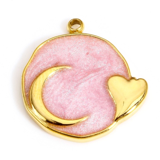 Immagine di 1 Pz 304 Acciaio Inossidabile Galassia Charms Tondo Oro Placcato Rosa Cuore Smalto 17.5mm x 17mm