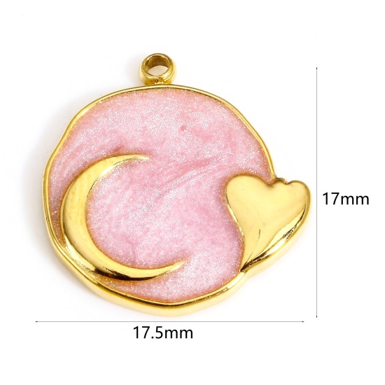 Immagine di 1 Pz 304 Acciaio Inossidabile Galassia Charms Tondo Oro Placcato Rosa Cuore Smalto 17.5mm x 17mm