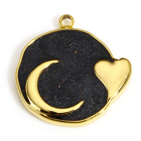 Picture of 1 Piece 304 Stainless Steel Galaxy Disc Charms Gold Plated Black Round Moon Enamel 17.5mm x 17mm