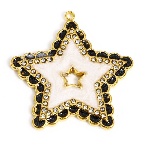 Immagine di 1 Pz 304 Acciaio Inossidabile Galassia Charms Stella a Cinque Punte Oro Placcato Bianco Smalto Trasparente Strass 28.5mm x 27.5mm
