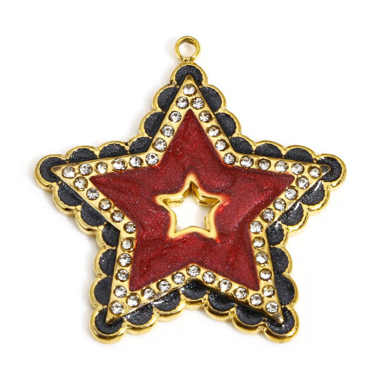 Immagine di 1 Pz 304 Acciaio Inossidabile Galassia Charms Stella a Cinque Punte Oro Placcato Colore Fuscia Smalto Trasparente Strass 28.5mm x 27.5mm