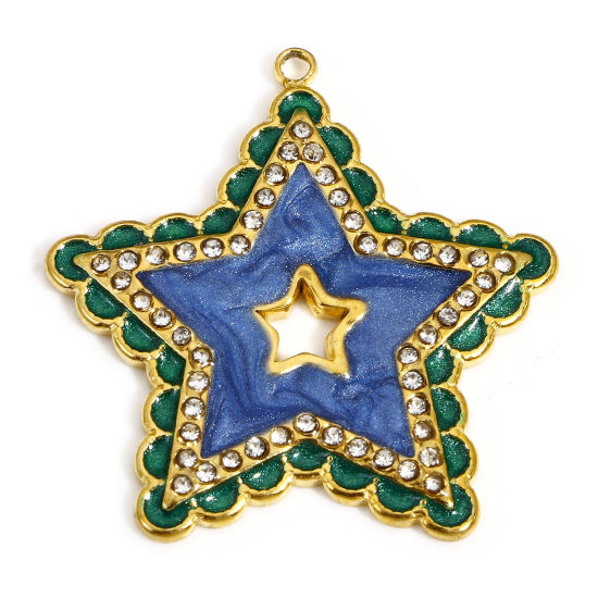 Immagine di 1 Pz 304 Acciaio Inossidabile Galassia Charms Stella a Cinque Punte Oro Placcato Blu Smalto Trasparente Strass 28.5mm x 27.5mm