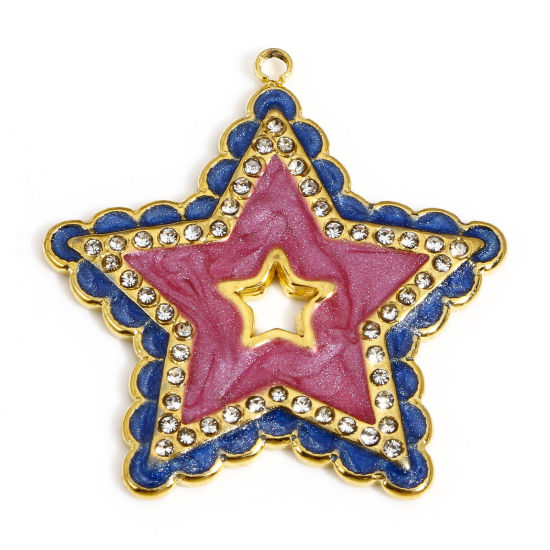 Immagine di 1 Pz 304 Acciaio Inossidabile Galassia Charms Stella a Cinque Punte Oro Placcato Colore Viola Smalto Trasparente Strass 28.5mm x 27.5mm