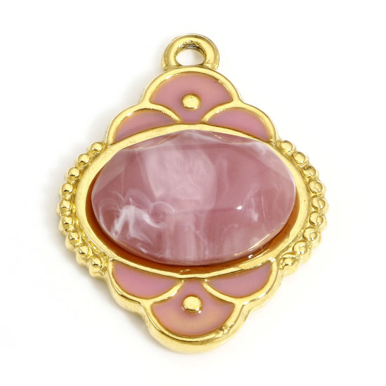 Изображение 1 ШТ 304 Нержавеющая Сталь & Камень Стиль Королевского Двора Подвески Овальные Позолоченный Розовый резной Узор С Эмалью 24.5мм x 18.5мм