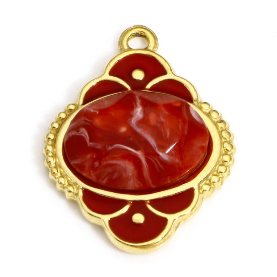 Изображение 1 ШТ 304 Нержавеющая Сталь & Камень Стиль Королевского Двора Подвески Овальные Позолоченный Красный резной Узор С Эмалью 24.5мм x 18.5мм