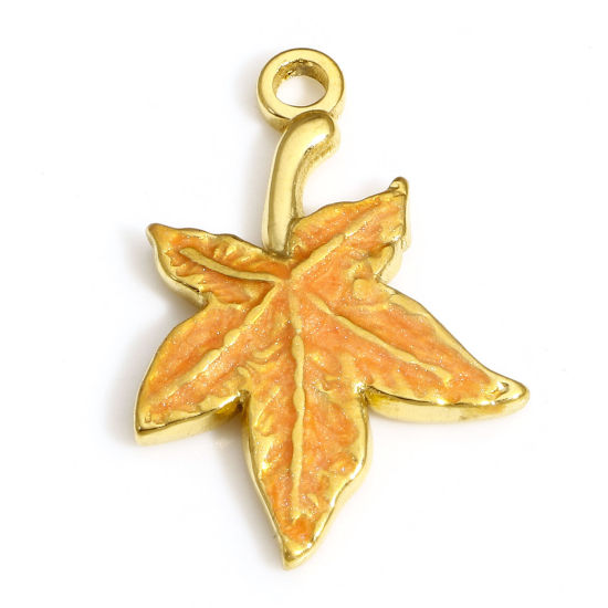 Picture of 1 Piece 304 Stainless Steel Pastoral Style Charms Gold Plated Orange Maple Leaf Enamel 22mm x 15mm