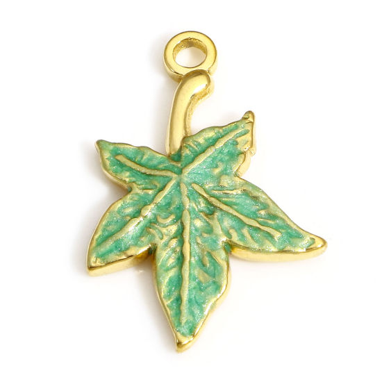 Picture of 1 Piece 304 Stainless Steel Pastoral Style Charms Gold Plated Emerald Green Maple Leaf Enamel 22mm x 15mm