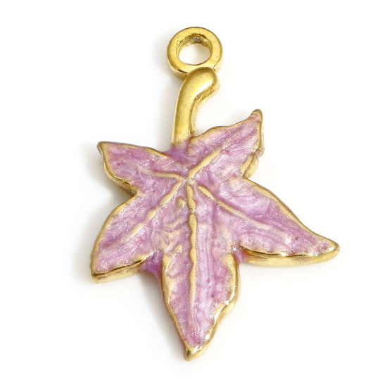 Picture of 1 Piece 304 Stainless Steel Pastoral Style Charms Gold Plated Mauve Maple Leaf Enamel 22mm x 15mm