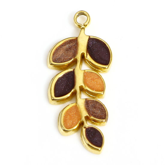 Picture of 1 Piece 304 Stainless Steel Pastoral Style Charms Gold Plated Multicolor Leaf Enamel 20mm x 9mm