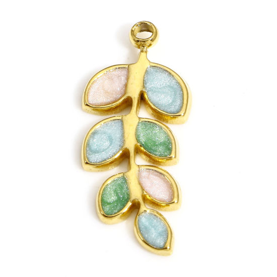 Picture of 1 Piece 304 Stainless Steel Pastoral Style Charms Gold Plated Blue & Green Leaf Enamel 20mm x 9mm