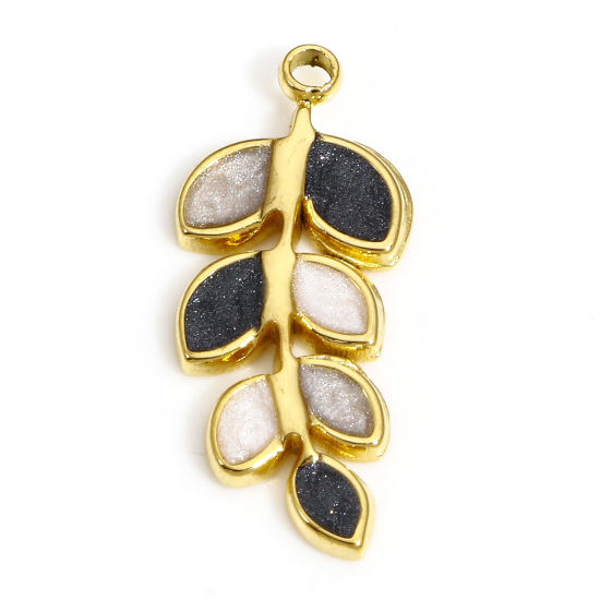 Picture of 1 Piece 304 Stainless Steel Pastoral Style Charms Gold Plated Black & Gray Leaf Enamel 20mm x 9mm