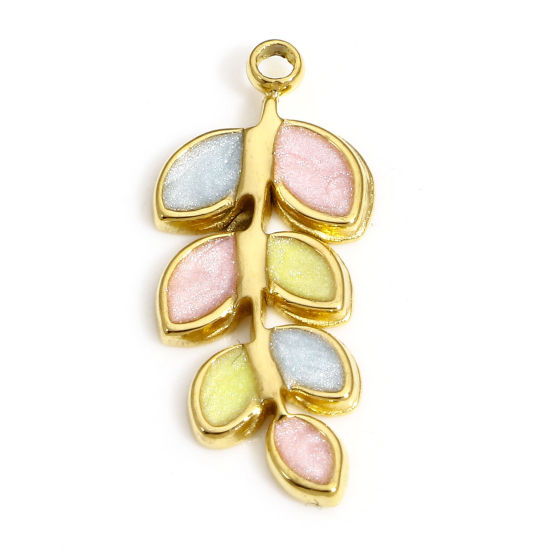 Picture of 1 Piece 304 Stainless Steel Pastoral Style Charms Gold Plated Blue & Pink Leaf Enamel 20mm x 9mm