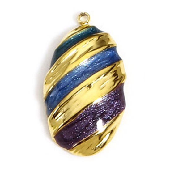 Picture of 1 Piece 304 Stainless Steel Pastoral Style Charms Gold Plated Dark Blue & Purple Oval Leaf Enamel 26mm x 15mm