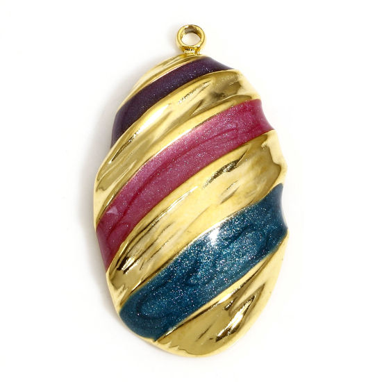 Picture of 1 Piece 304 Stainless Steel Pastoral Style Charms Gold Plated Multicolor Oval Leaf Enamel 26mm x 15mm