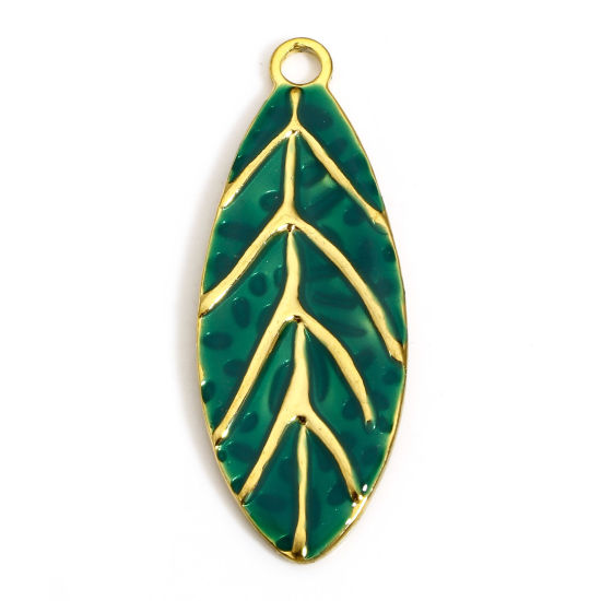 Picture of 1 Piece 304 Stainless Steel Pastoral Style Pendants Gold Plated Green Leaf Enamel 40mm x 15.5mm