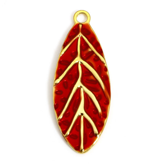 Picture of 1 Piece 304 Stainless Steel Pastoral Style Pendants Gold Plated Red Leaf Enamel 40mm x 15.5mm