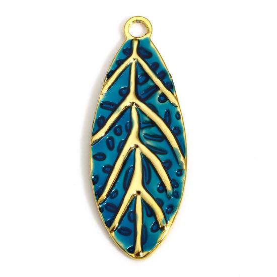Picture of 1 Piece 304 Stainless Steel Pastoral Style Pendants Gold Plated Blue Leaf Enamel 40mm x 15.5mm