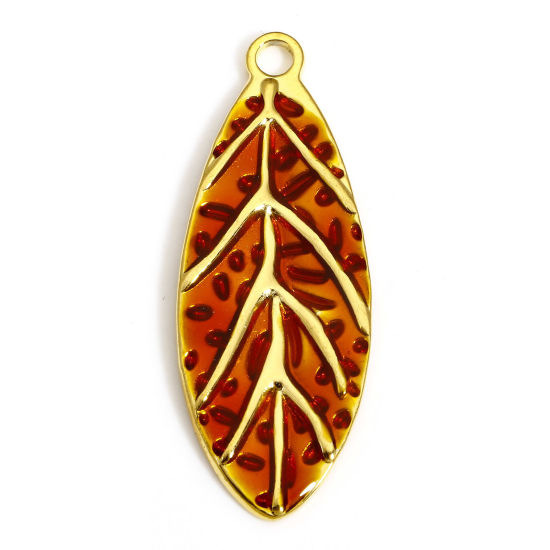 Picture of 1 Piece 304 Stainless Steel Pastoral Style Pendants Gold Plated Orange-red Leaf Enamel 40mm x 15.5mm