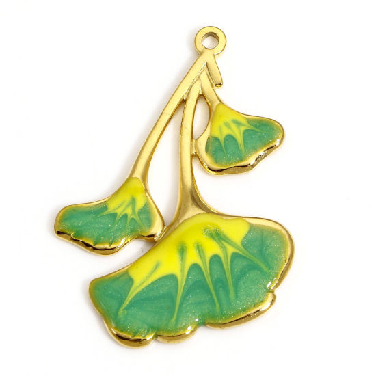 Picture of 1 Piece 304 Stainless Steel Pastoral Style Pendants Gold Plated Grass Green Gingko Leaf Enamel 32mm x 22.5mm