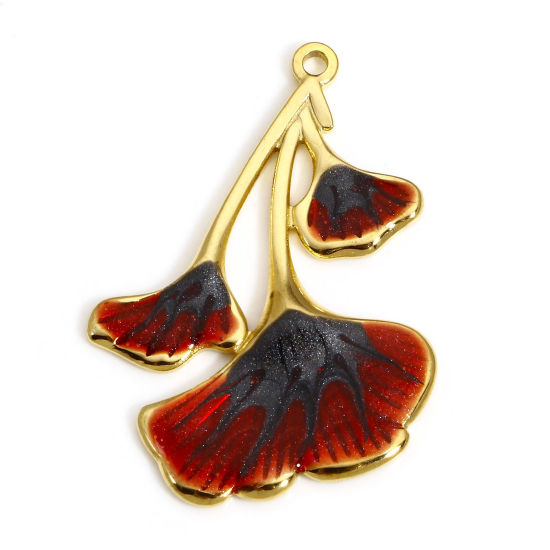 Picture of 1 Piece 304 Stainless Steel Pastoral Style Pendants Gold Plated Dark Red Gingko Leaf Enamel 32mm x 22.5mm