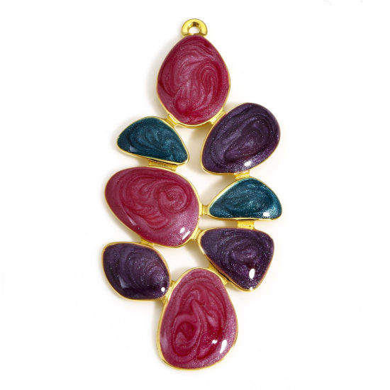Picture of 1 Piece 304 Stainless Steel Pastoral Style Pendants Gold Plated Purple & Fuchsia Leaf Enamel 50mm x 24mm
