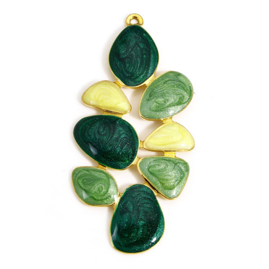 Picture of 1 Piece 304 Stainless Steel Pastoral Style Pendants Gold Plated Light Green & Green Leaf Enamel 50mm x 24mm