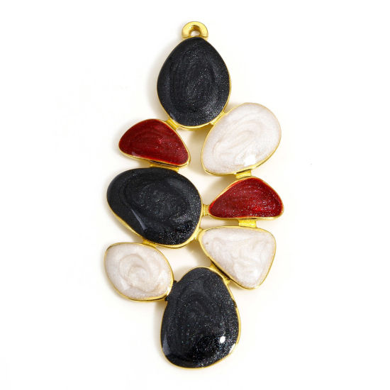 Picture of 1 Piece 304 Stainless Steel Pastoral Style Pendants Gold Plated Black & White Leaf Enamel 50mm x 24mm