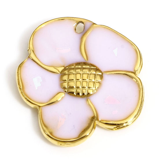 Picture of 1 Piece 304 Stainless Steel Pastoral Style Charms Gold Plated Mauve Flower Enamel 20mm x 18mm