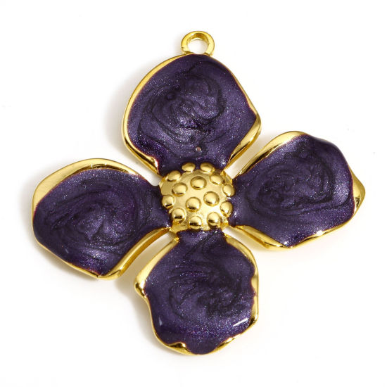 Picture of 1 Piece 304 Stainless Steel Pastoral Style Pendants Gold Plated Dark Purple Flower Enamel 41mm x 39mm