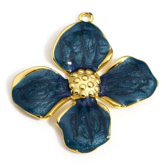 Picture of 1 Piece 304 Stainless Steel Pastoral Style Pendants Gold Plated Ink Blue Flower Enamel 41mm x 39mm