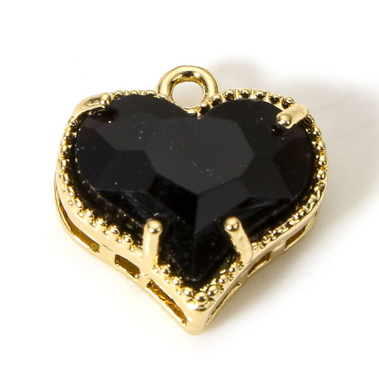 Picture of 5 PCs Brass & Glass Valentine's Day Charms Gold Plated Black Heart 12mm x 12mm                                                                                                                                                                                