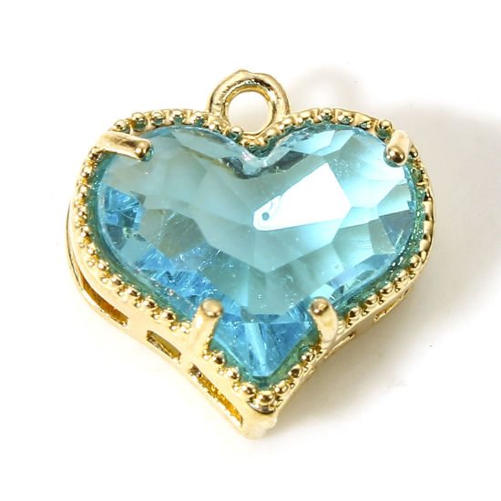 Bild von 5 Stück Messing + Glas Valentinstag Charms Vergoldet Azurblau Herz 12mm x 12mm                                                                                                                                                                                