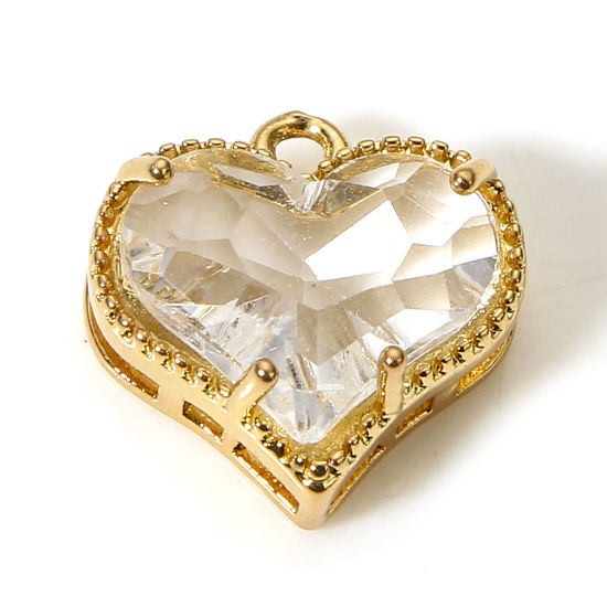 Bild von 5 Stück Messing + Glas Valentinstag Charms Vergoldet Transparent Herz 12mm x 12mm                                                                                                                                                                             