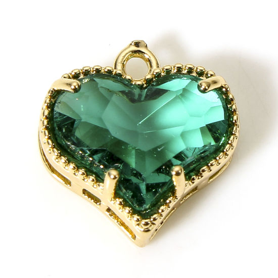 Bild von 5 Stück Messing + Glas Valentinstag Charms Vergoldet Grün Herz 12mm x 12mm                                                                                                                                                                                    