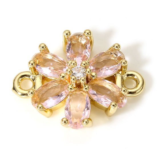 Picture of 5 PCs Brass & Glass Connectors Charms Pendants Gold Plated Light Pink Flower 16mm x 13mm                                                                                                                                                                      